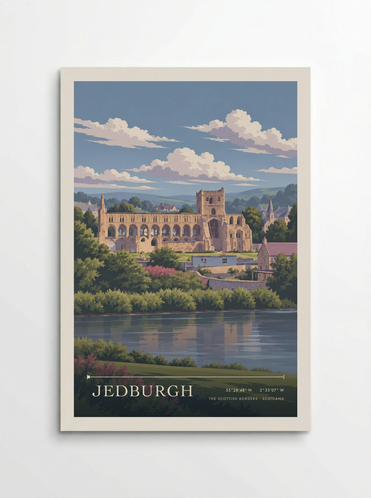 Jedburgh, The Scottish Borders travel poster: ruined abbey arcades, pale stone towers, slate roofs and a green riverbank beneath broad blue summer clouds