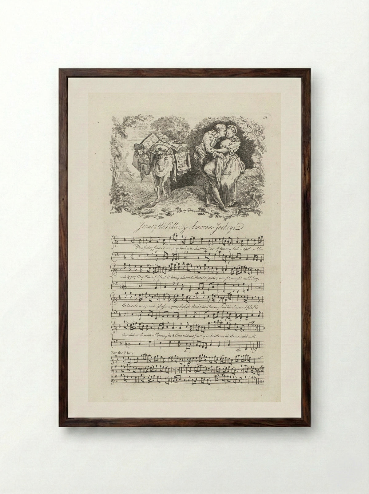 Jenney the Pedler & Amorous Jockey - George Bickham the Younger - Framed Print Dark Wood