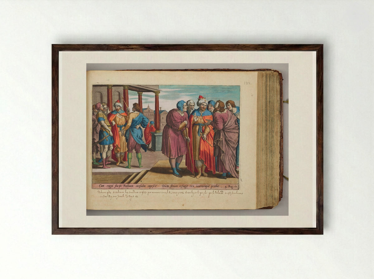 Jeroboam and the Congregation of Israel before Rehoboam - Hans Collaert the Elder - Framed Print Dark Wood