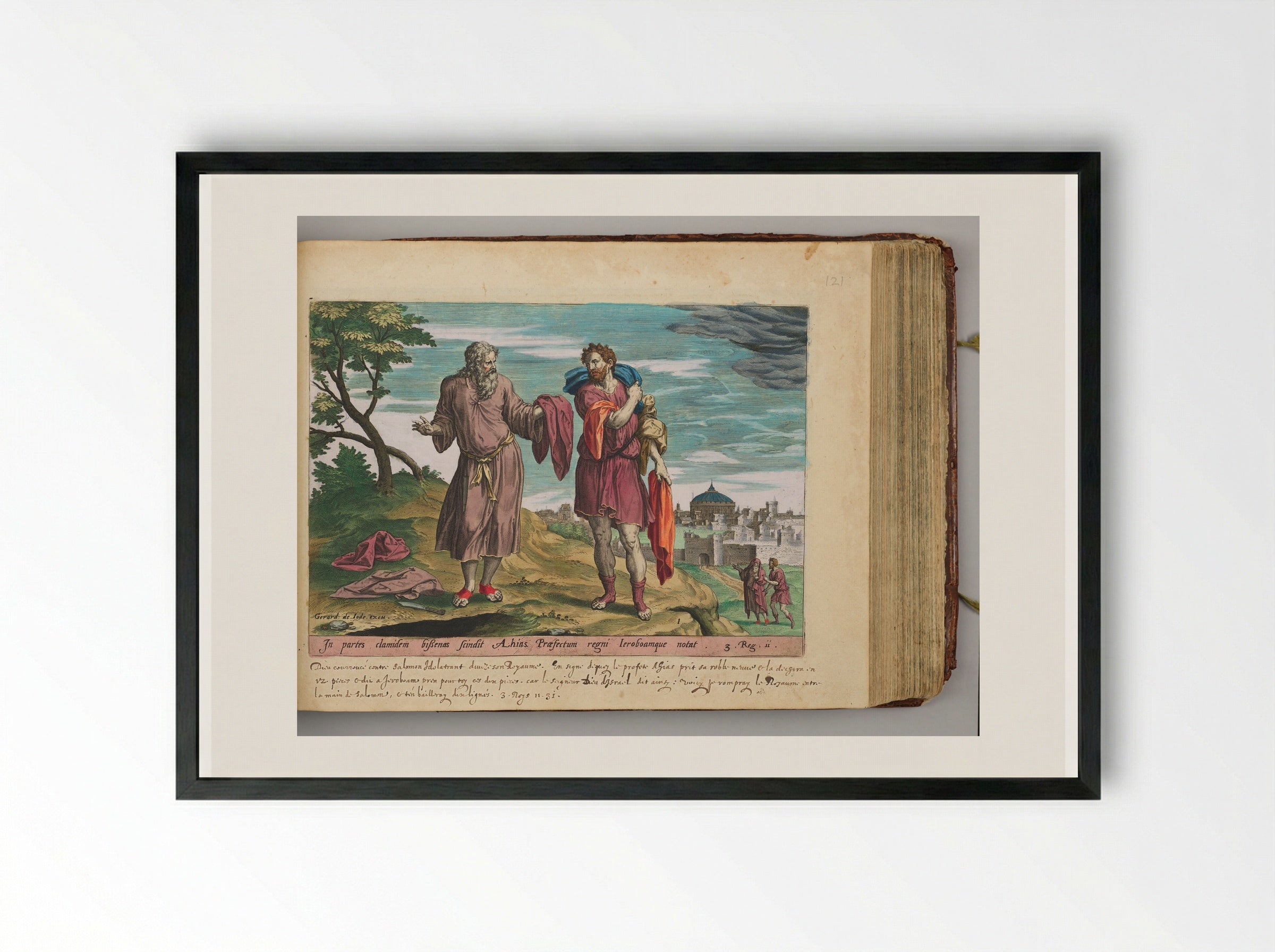 Jeroboam and the Prophet Ahijah Renting the New Garment in Twelve Pieces - Hans Collaert the Elder - Framed Print Black
