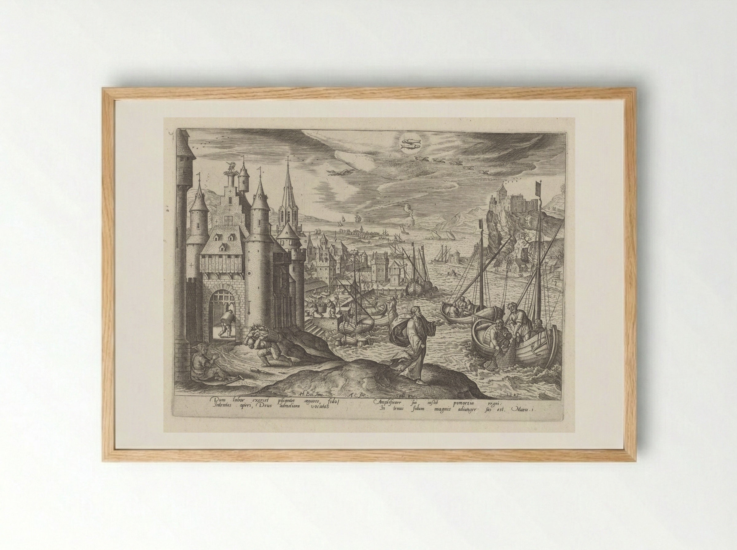 Jesus Calling the Apostles Among the Fishermen - Adriaen Collaert - Framed Print Wood