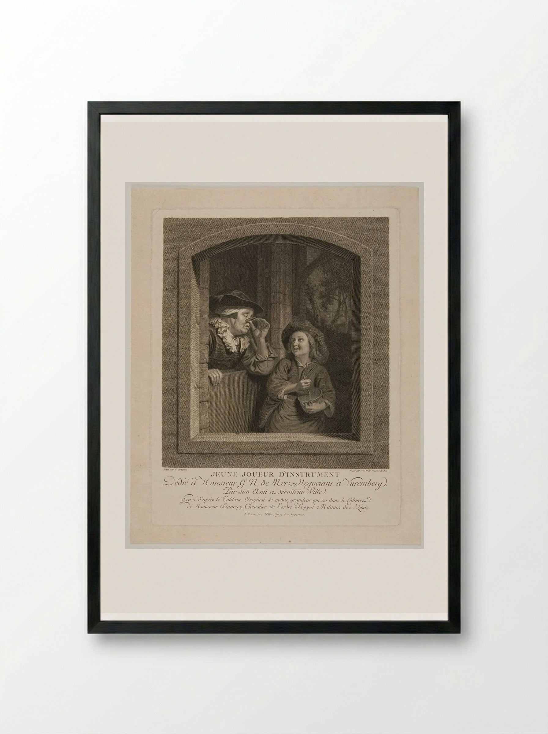 Jeune Joueur d'Instrument - Johann Georg Wille - Framed Print Black