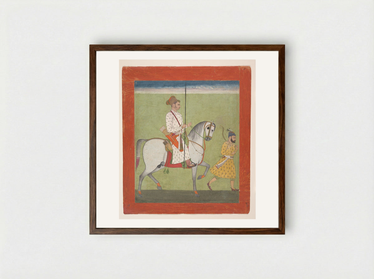 Jhujhar Singh on Horseback - Dalchand - Framed Print Dark Wood