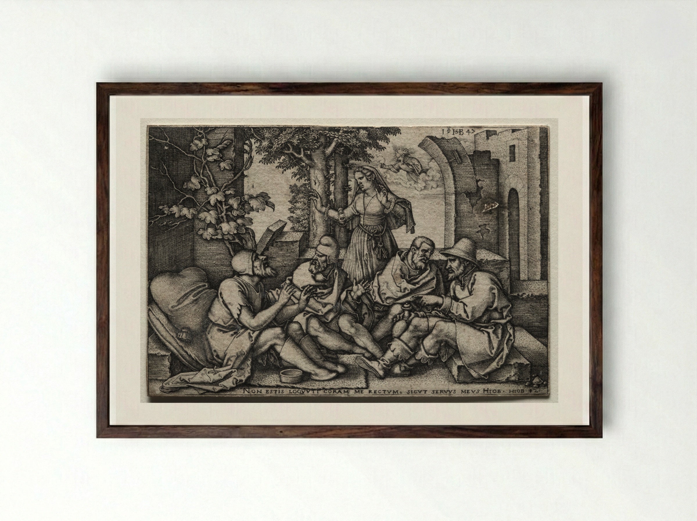 Job and His Friends - Sebald Beham - Framed Print Dark Wood