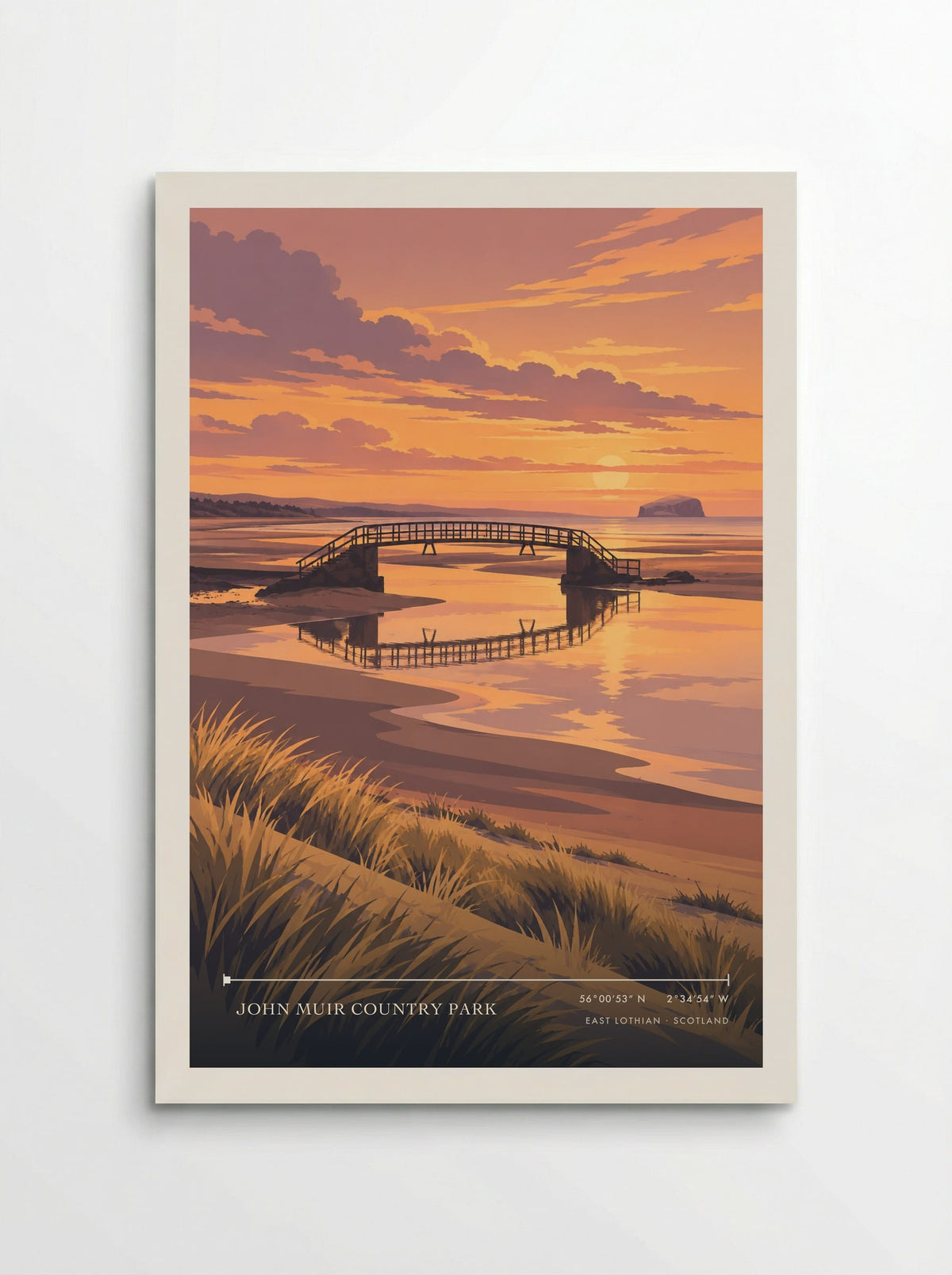 John Muir Country Park, East Lothian travel poster: an arched tidal footbridge reflected between sandbanks and golden grasses beside the quiet channel