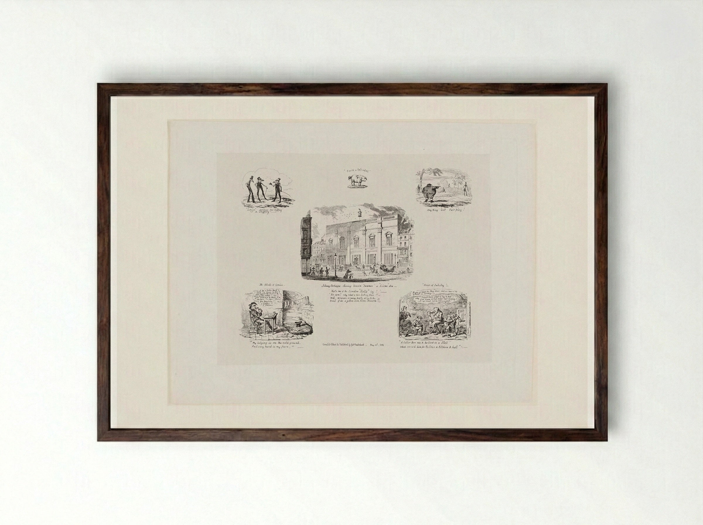 Johnny Cockaigne Showing Cousin Tummas a Lions Den - George Cruikshank - Framed Print Dark Wood
