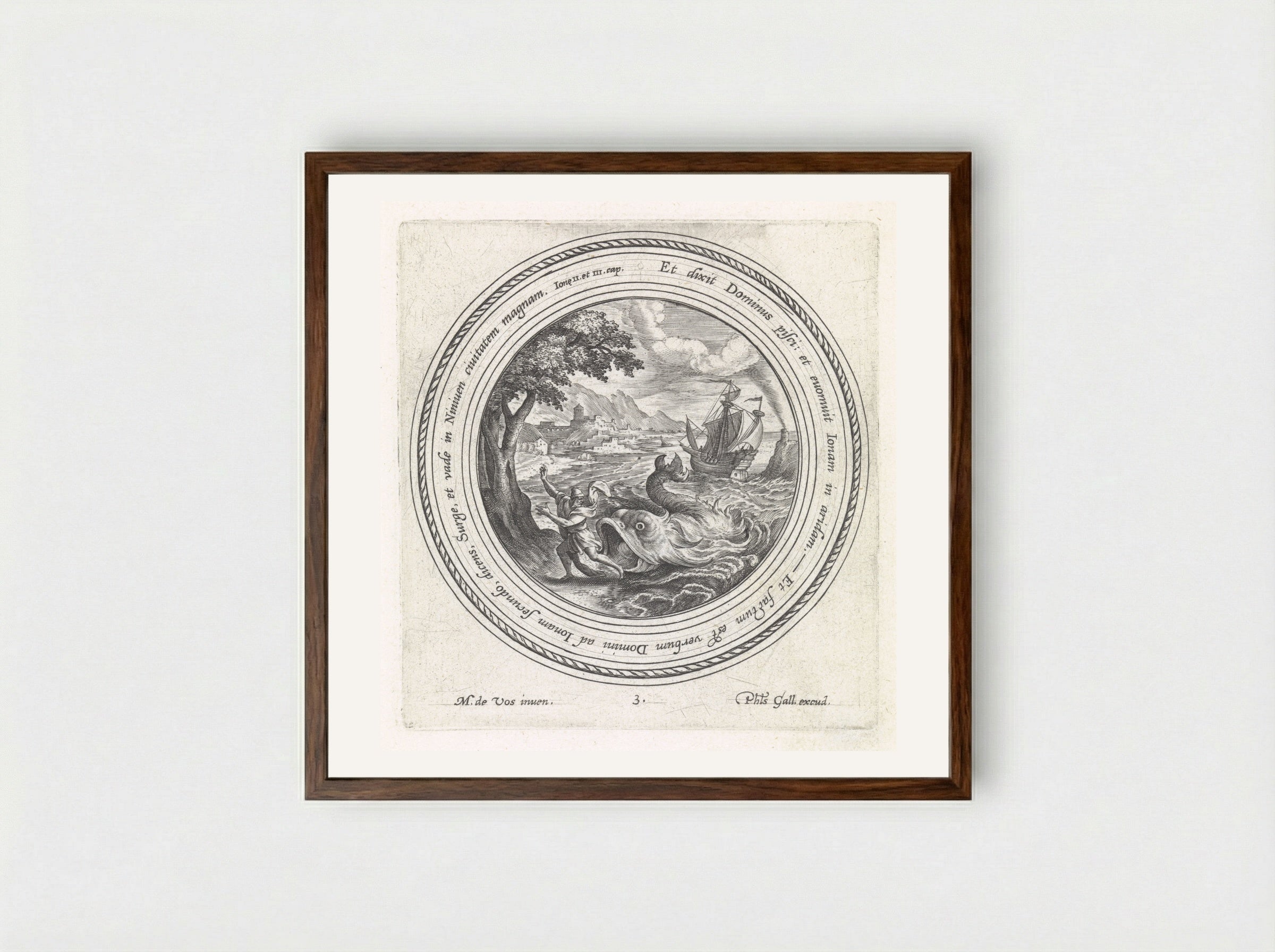 Jonah Cast Ashore by the Great Fish - Crispijn van de Passe (I) - Framed Print Dark Wood