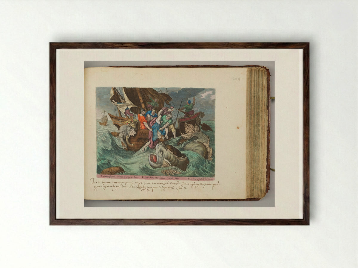 Jonah Cast into the Sea - Hieronymus Wierix - Framed Print Dark Wood