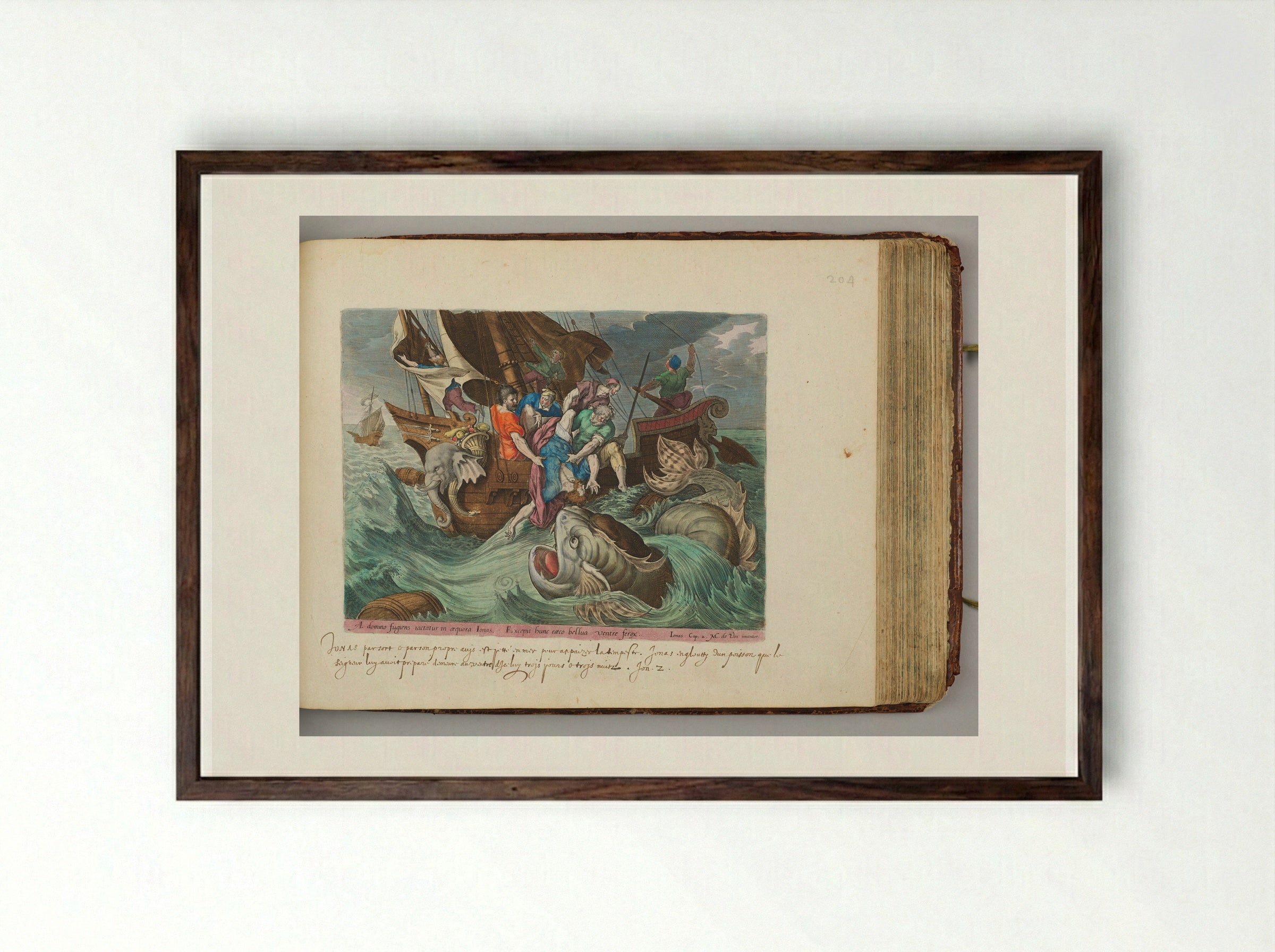 Jonah Cast into the Sea - Hieronymus Wierix - Framed Print Dark Wood
