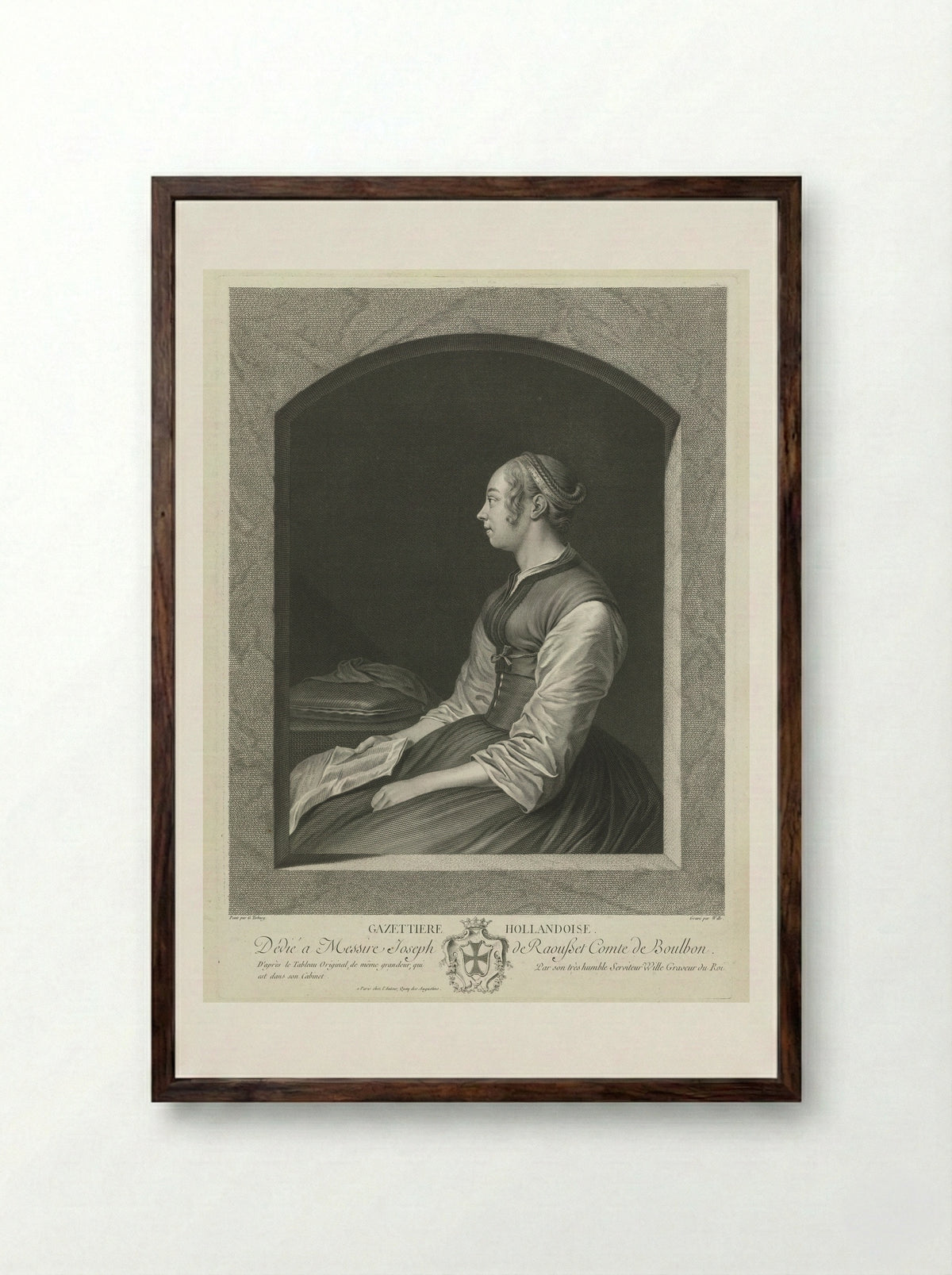 Jonge vrouw in bed met liefdespijn - Gesina ter Borch - Framed Print Dark Wood