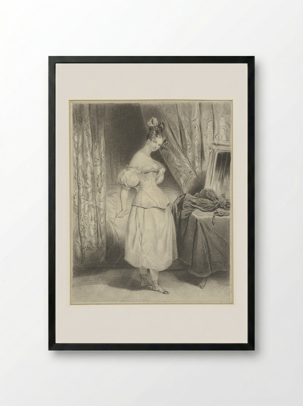 Jonge vrouw in slaapvertrek, haar corsetlijfje losrijgend - Frédéric Bouchot - Framed Print Black