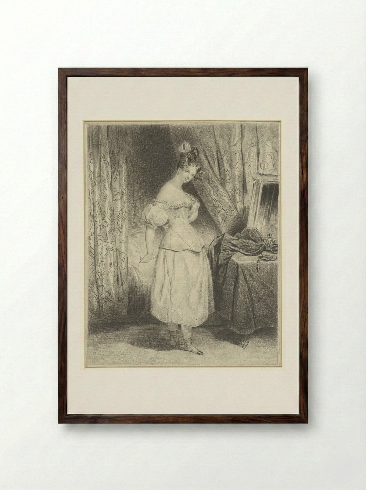 Jonge vrouw in slaapvertrek, haar corsetlijfje losrijgend - Frédéric Bouchot - Framed Print Dark Wood