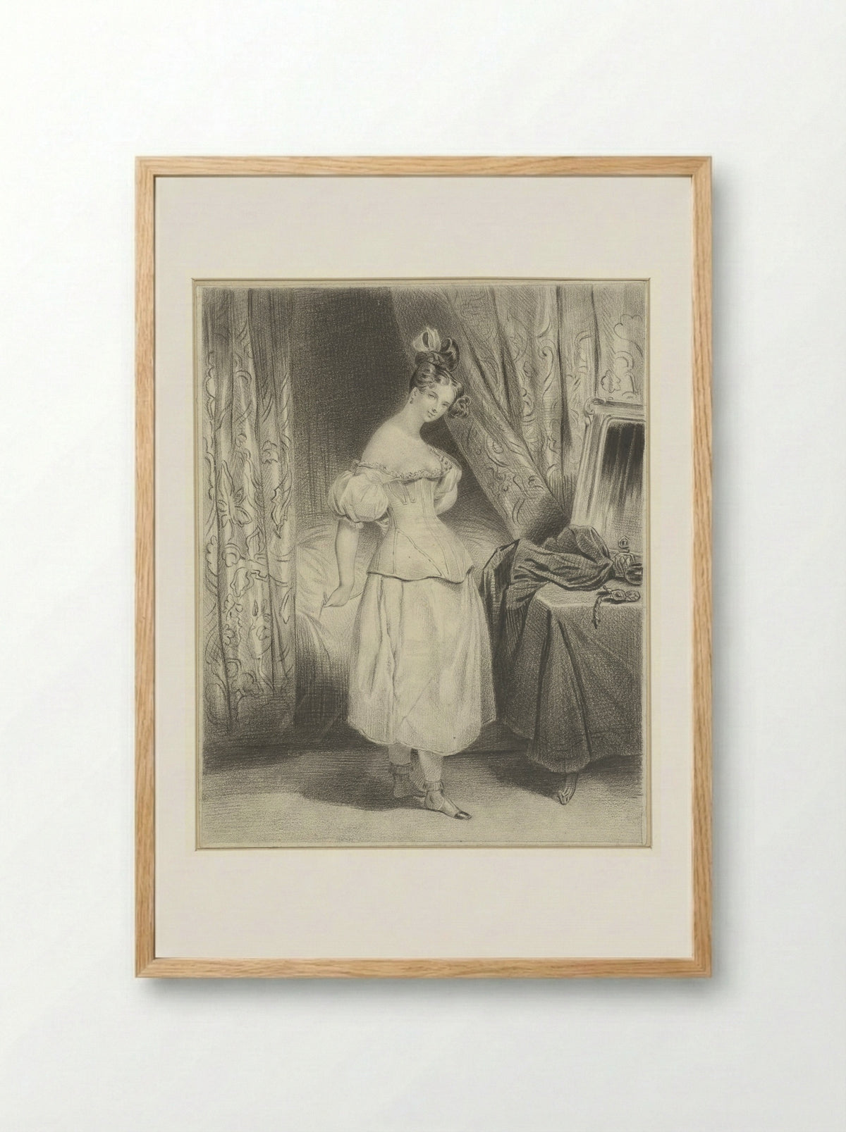 Jonge vrouw in slaapvertrek, haar corsetlijfje losrijgend - Frédéric Bouchot - Framed Print Wood