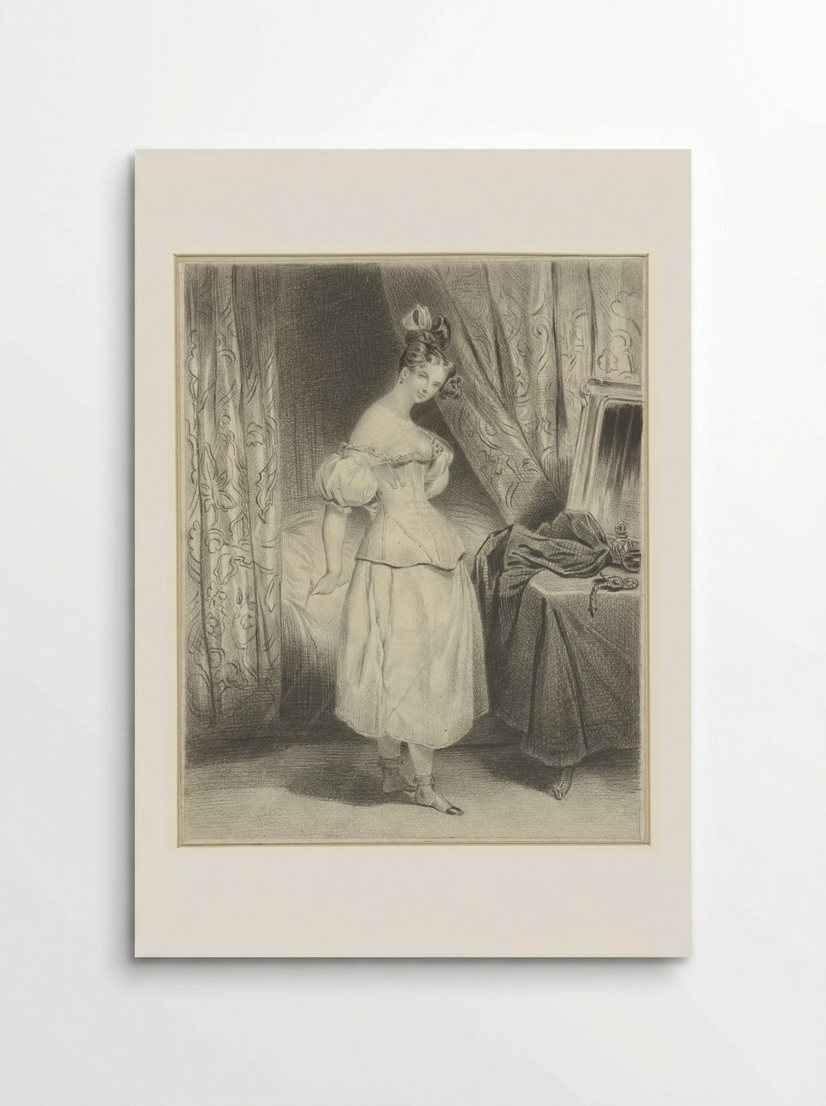 Jonge vrouw in slaapvertrek, haar corsetlijfje losrijgend - Frédéric Bouchot - Poster