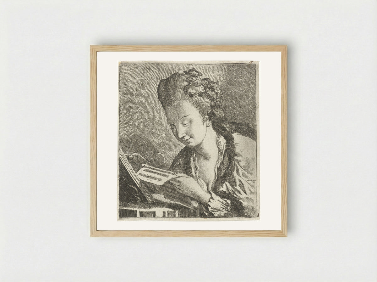 Jonge vrouw leest bladmuziek - Theodorus de Roode - Framed Print Wood