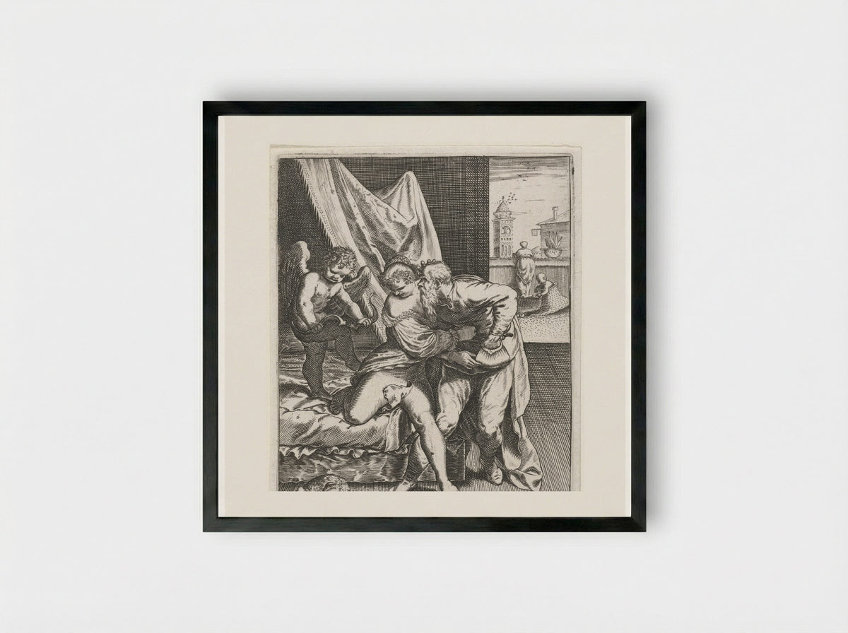 Jonge vrouw wijst oude vrijer af - Johann Theodor de Bry - Framed Print Black