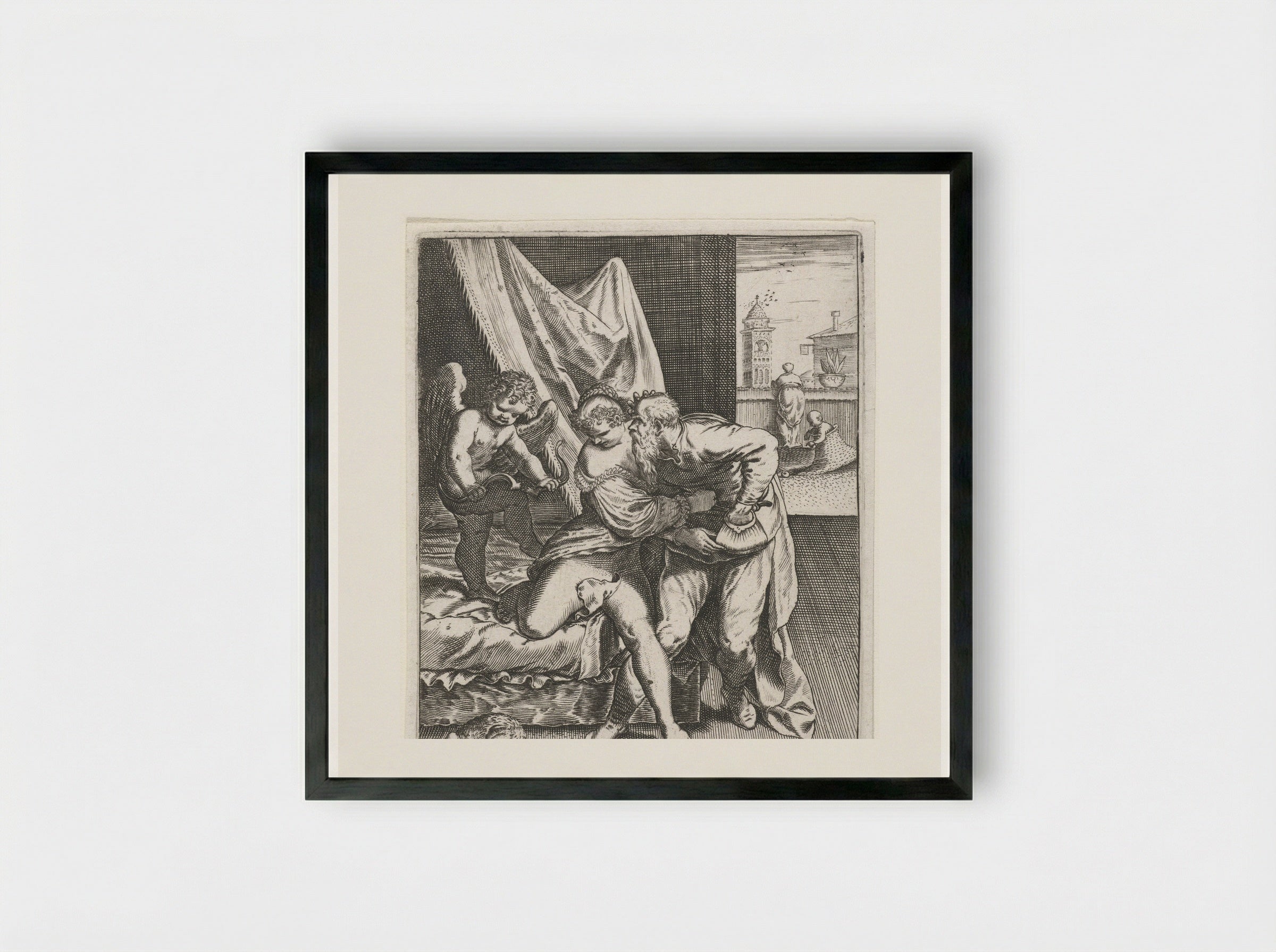 Jonge vrouw wijst oude vrijer af - Johann Theodor de Bry - Framed Print Black