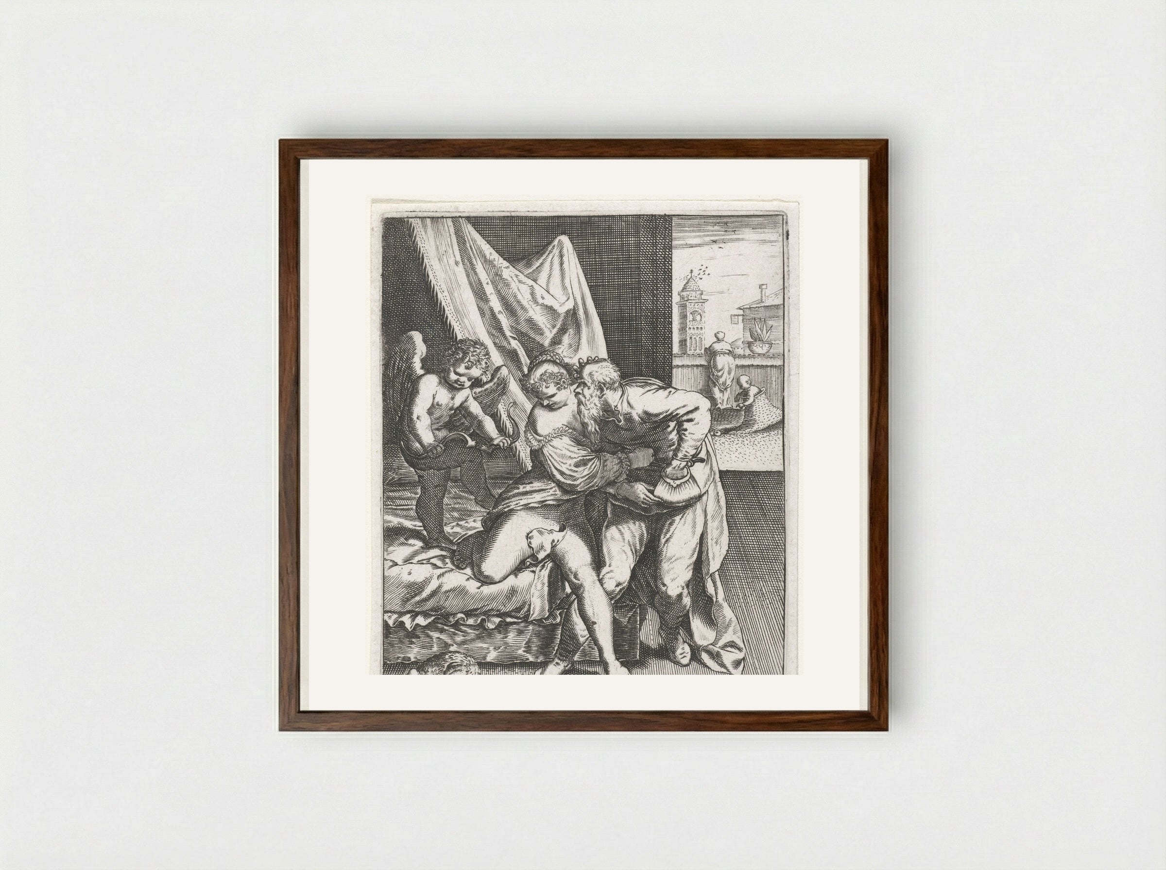 Jonge vrouw wijst oude vrijer af - Johann Theodor de Bry - Framed Print Dark Wood