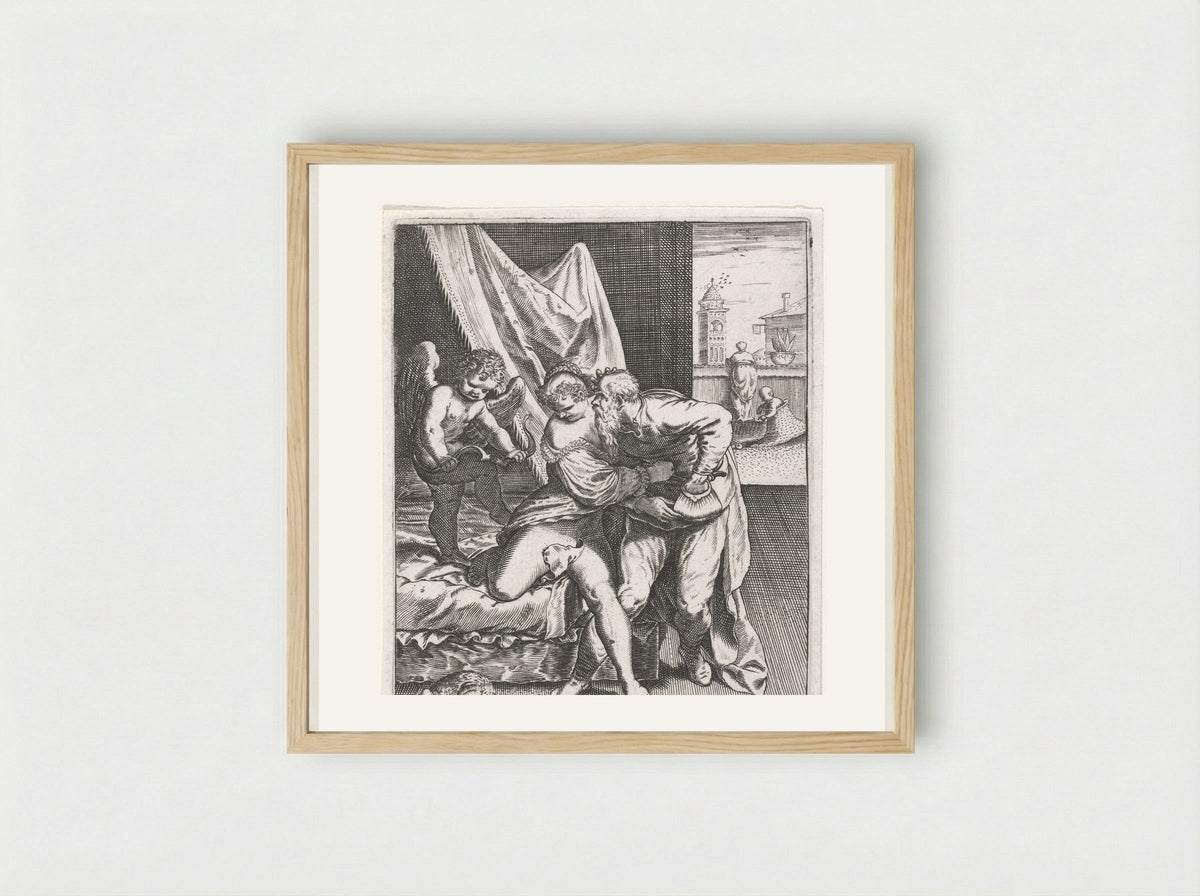 Jonge vrouw wijst oude vrijer af - Johann Theodor de Bry - Framed Print Wood