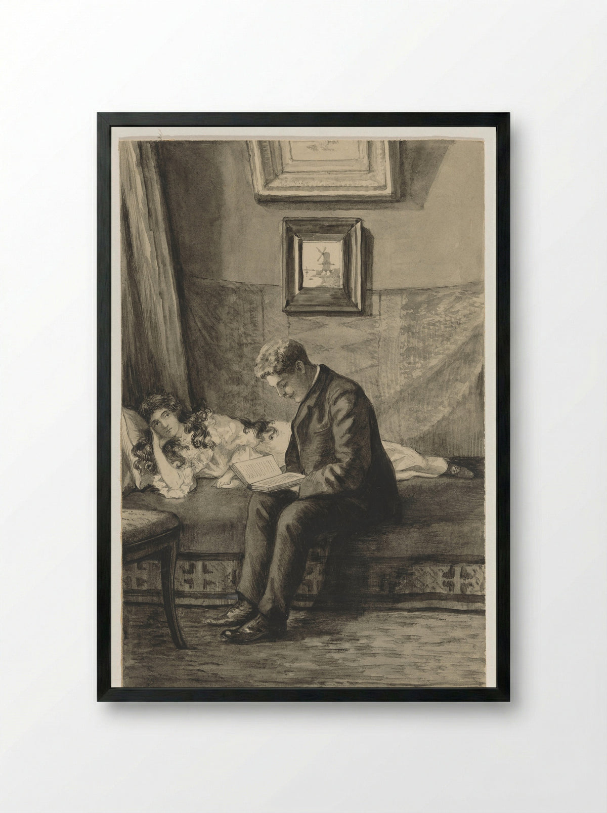 Jongeman leest meisje voor - Anna Maria Kruijff - Framed Print Black