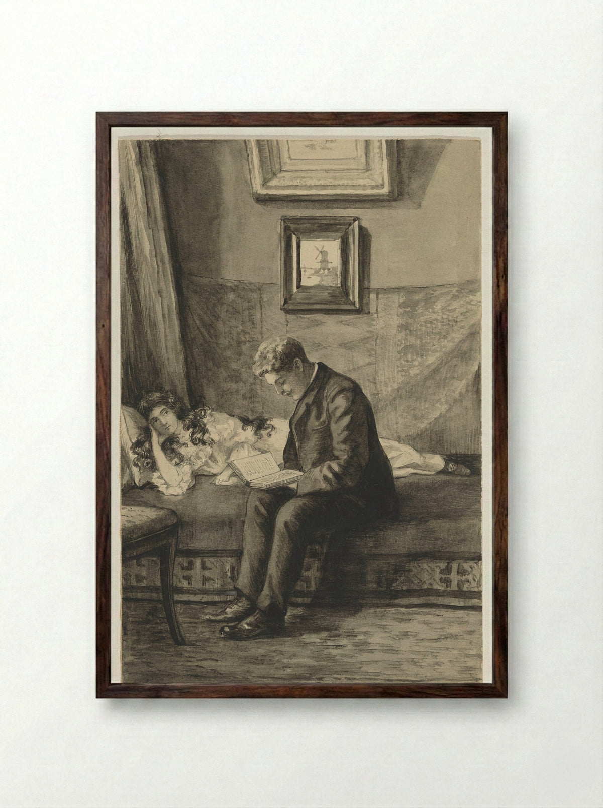 Jongeman leest meisje voor - Anna Maria Kruijff - Framed Print Dark Wood