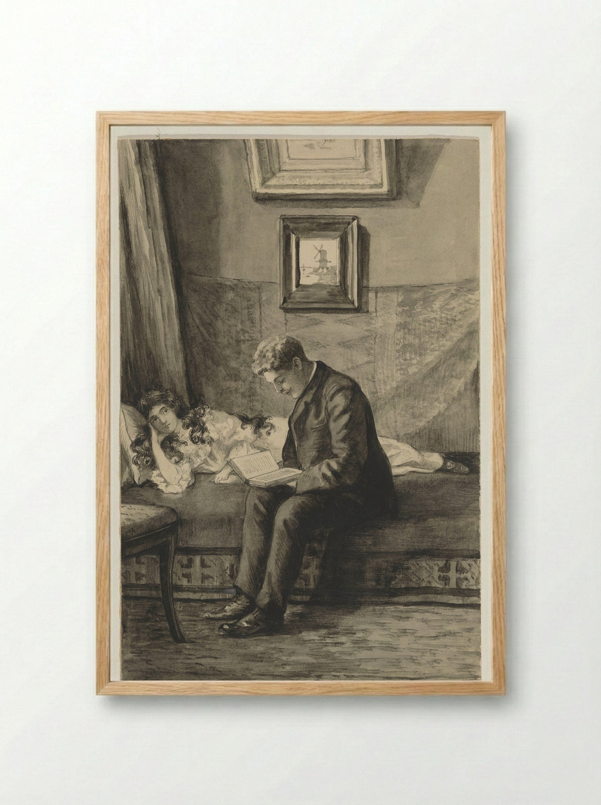 Jongeman leest meisje voor - Anna Maria Kruijff - Framed Print Wood
