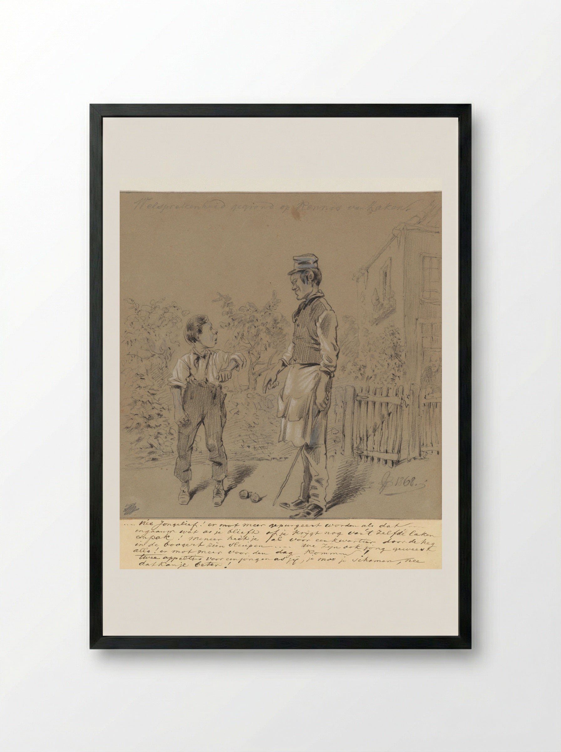 Jongen betrapt op stelen van appels in boomgaard - Pieter van Loon - Framed Print Black