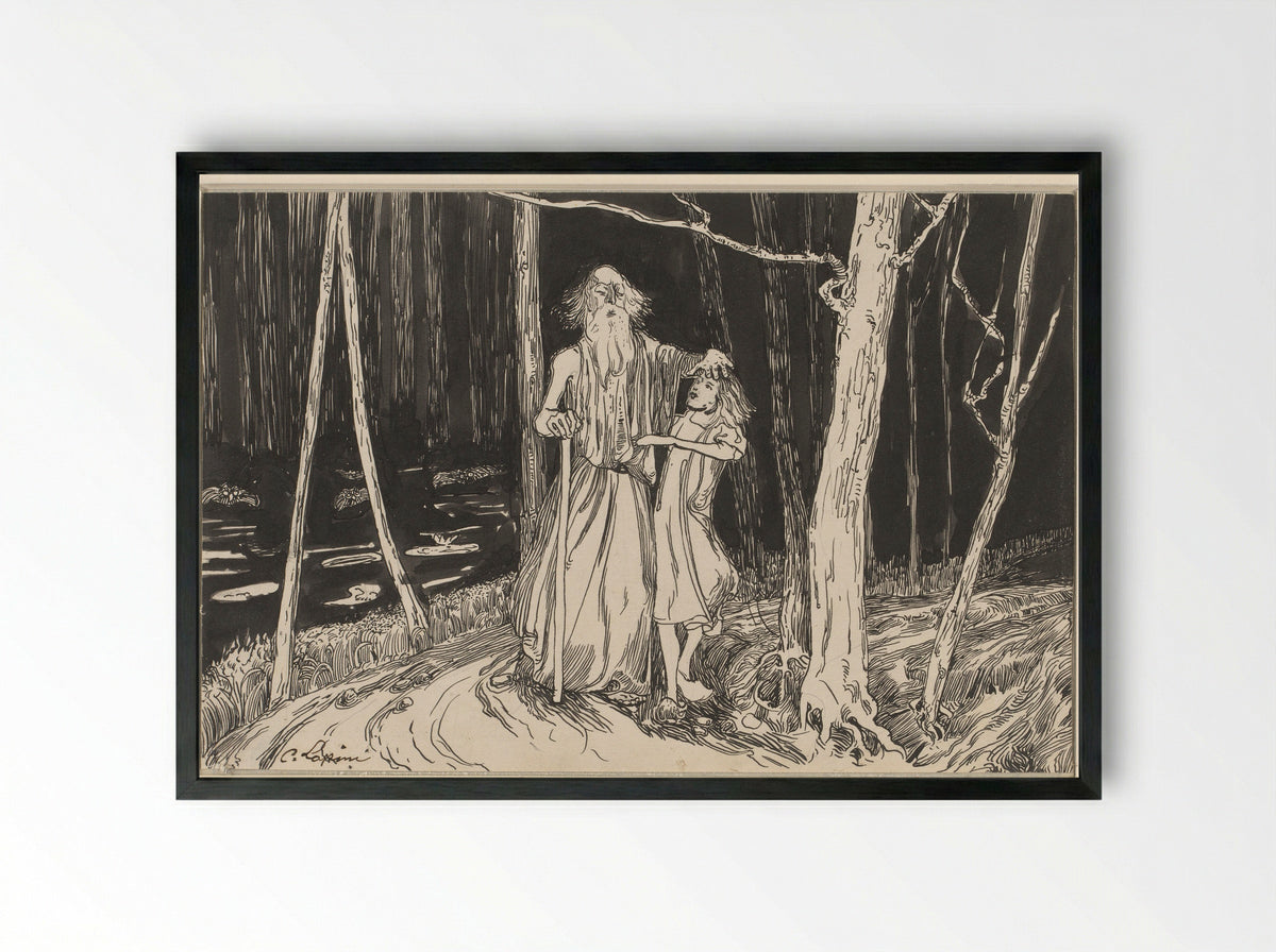 Jongen die een oude blinde man door een bos leidt - C. Lapine - Framed Print Black