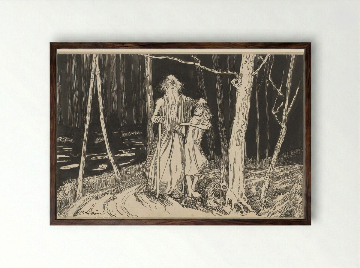 Jongen die een oude blinde man door een bos leidt - C. Lapine - Framed Print Dark Wood