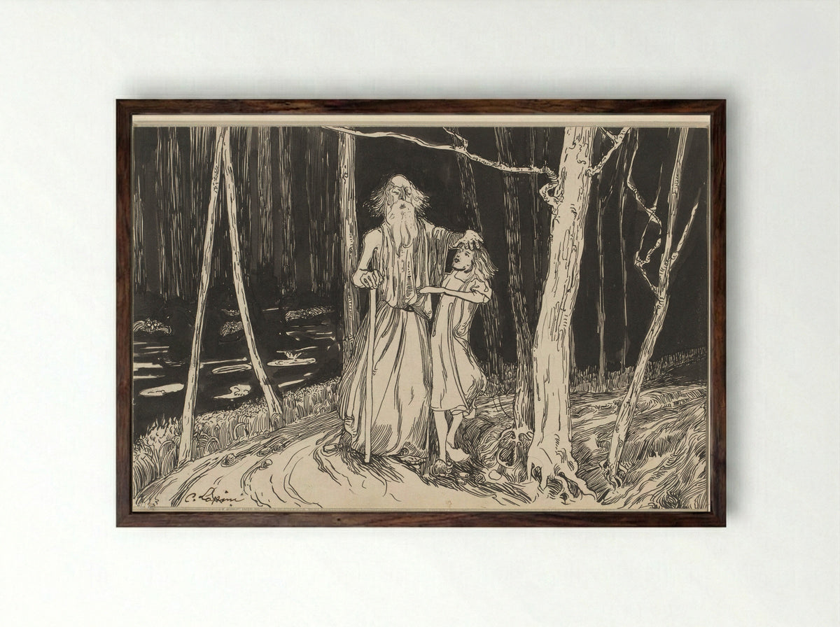Jongen die een oude blinde man door een bos leidt - C. Lapine - Framed Print Dark Wood