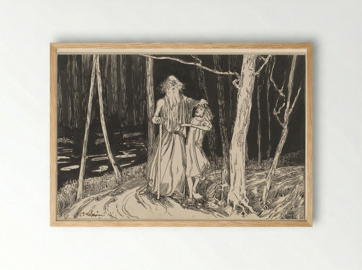 Jongen die een oude blinde man door een bos leidt - C. Lapine - Framed Print Wood