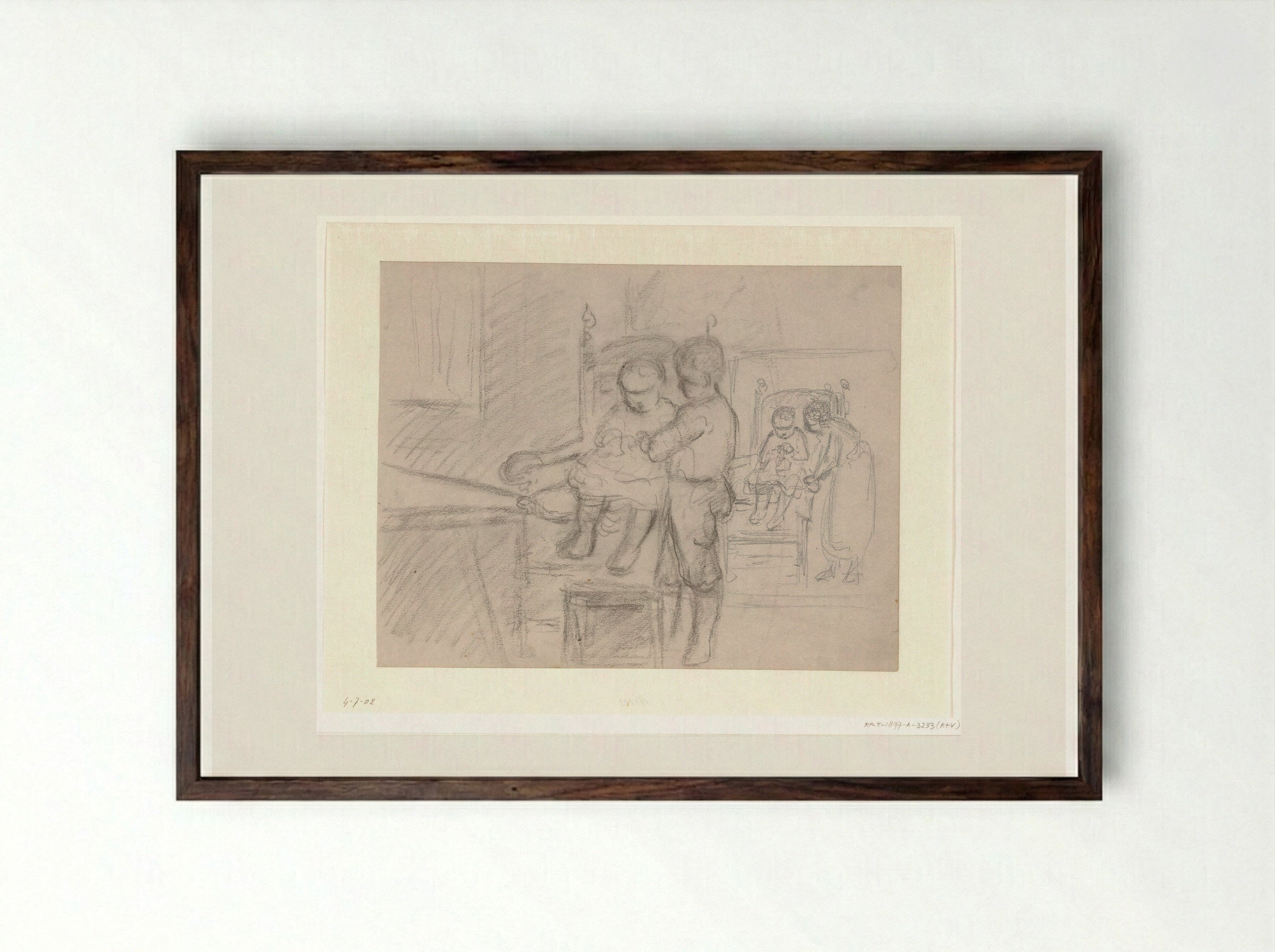 Jongen en meisje bij leunstoelen met kleine kinderen - Hendrik Valkenburg - Framed Print Dark Wood
