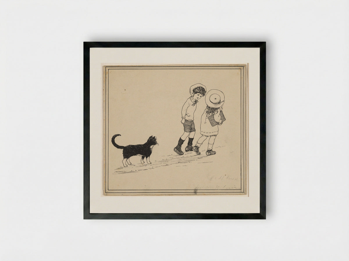 Jongen en meisje gevolgd door een kat - Nelly Spoor - Framed Print Black