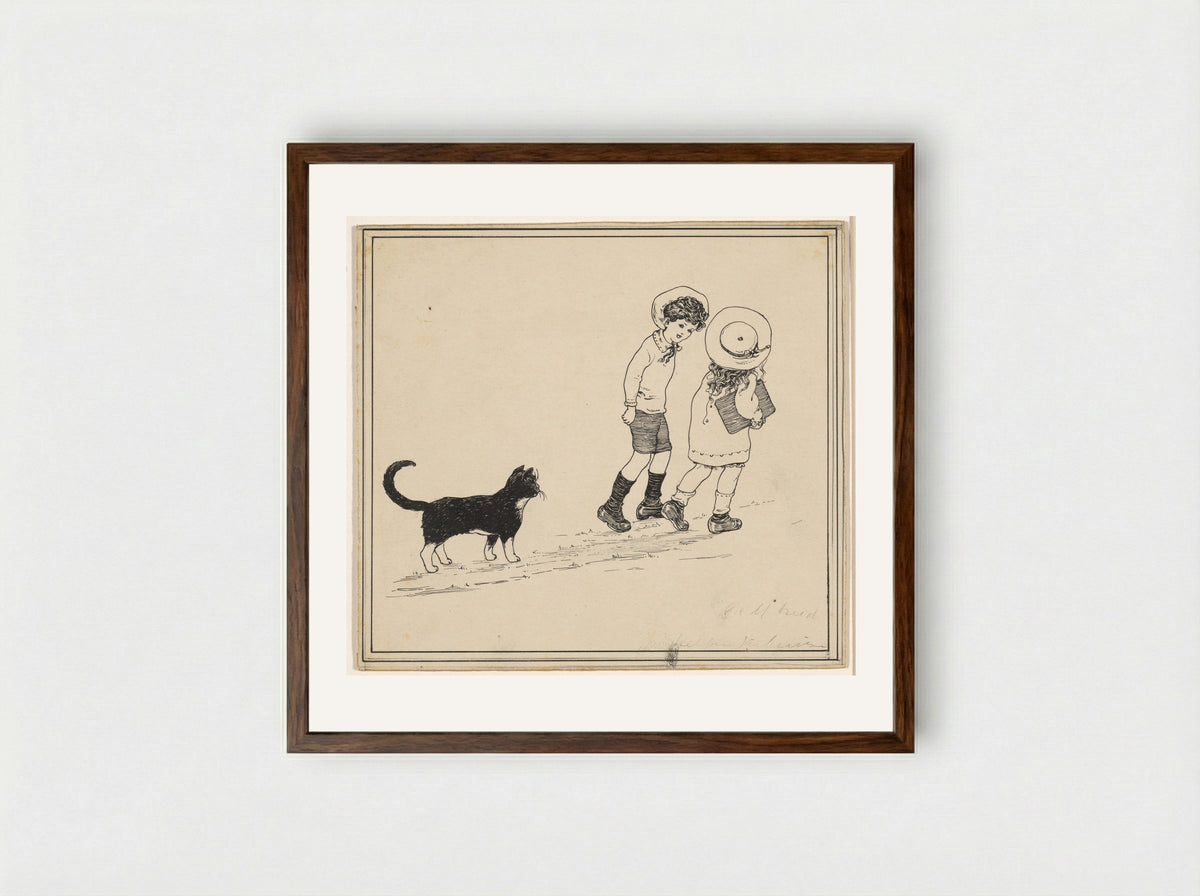 Jongen en meisje gevolgd door een kat - Nelly Spoor - Framed Print Dark Wood