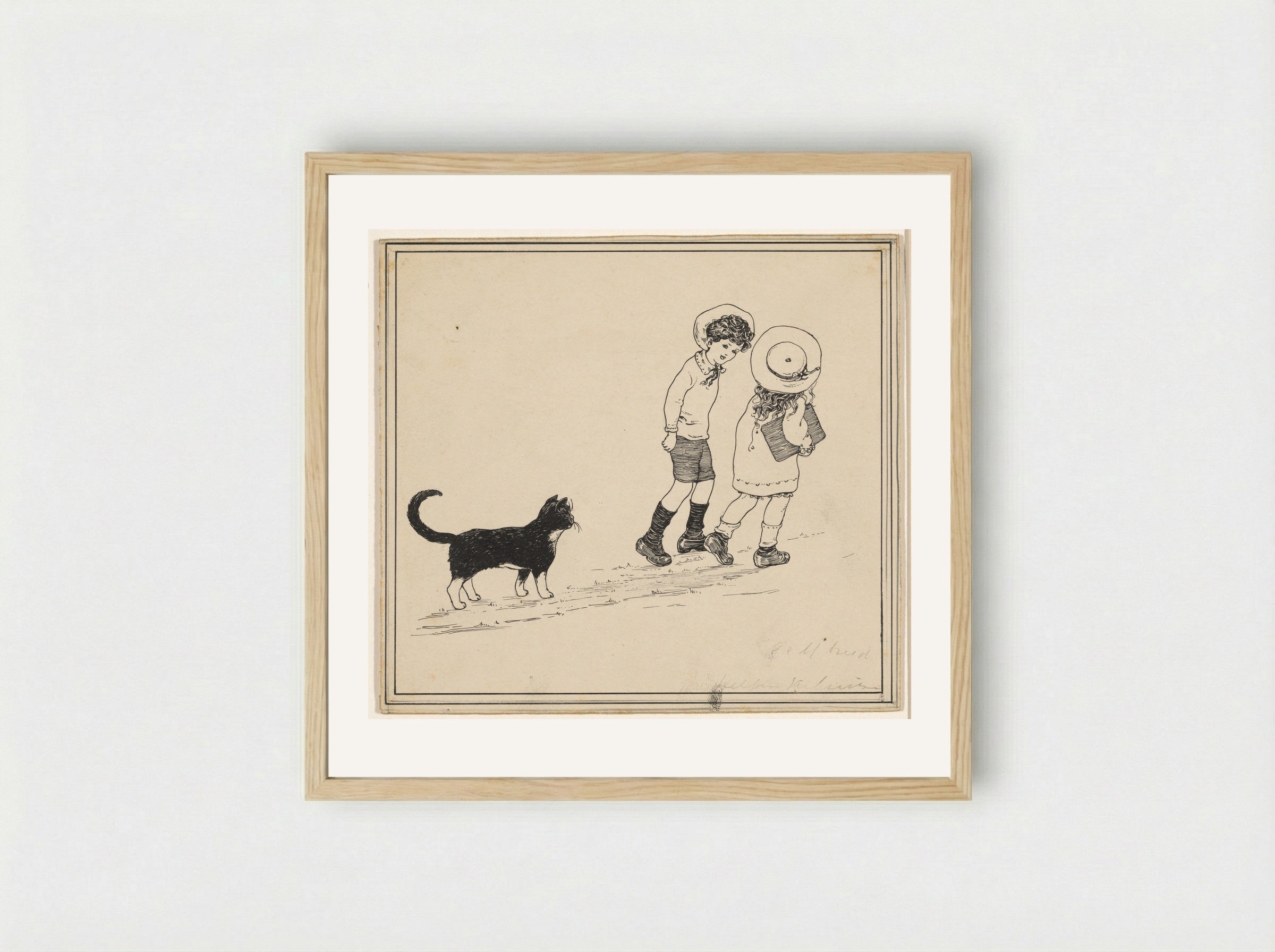 Jongen en meisje gevolgd door een kat - Nelly Spoor - Framed Print Wood