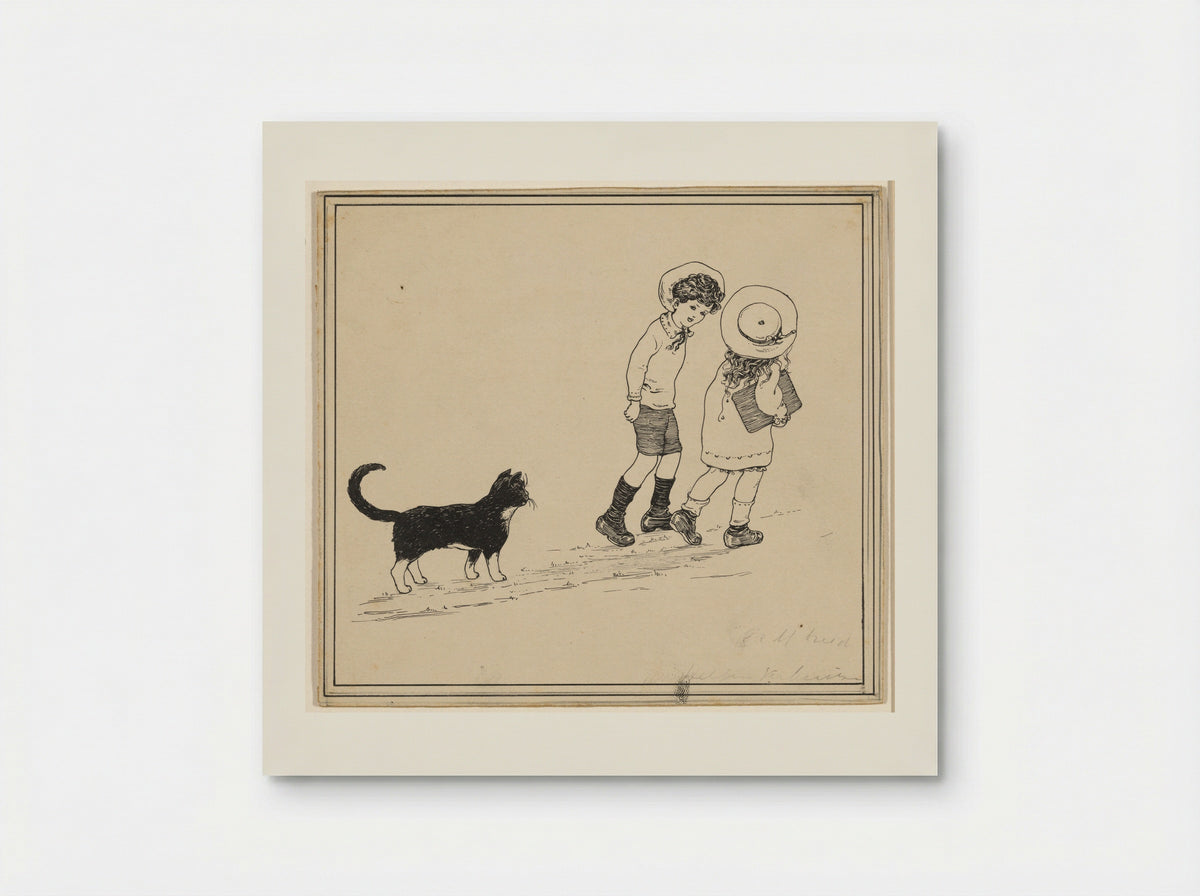 Jongen en meisje gevolgd door een kat - Nelly Spoor - Poster