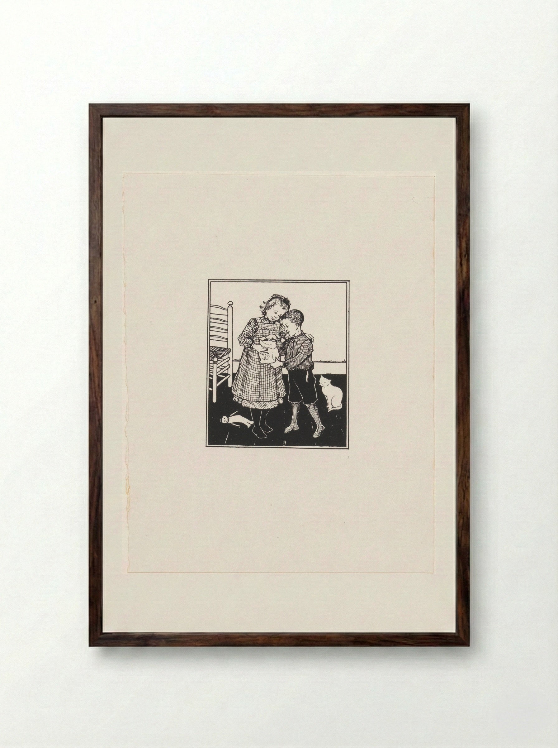 Jongen en meisje met een zak - Julie de Graag - Framed Print Dark Wood
