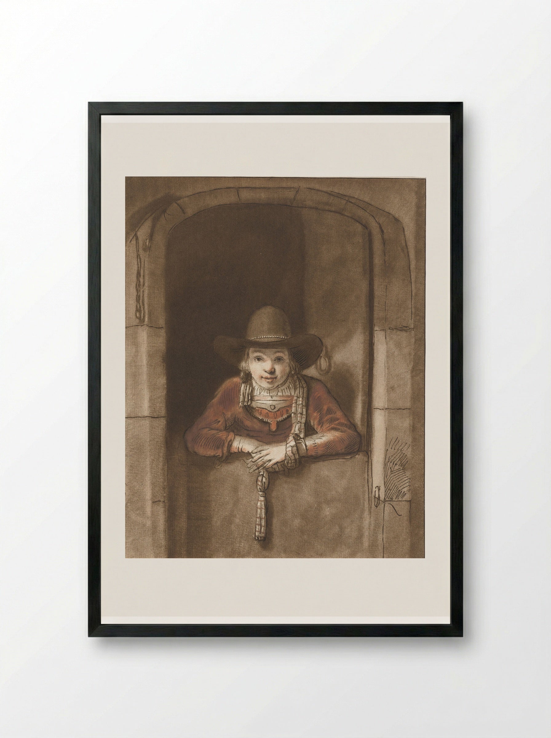 Jongen leunend over een onderdeur - Cornelis Ploos van Amstel - Framed Print Black