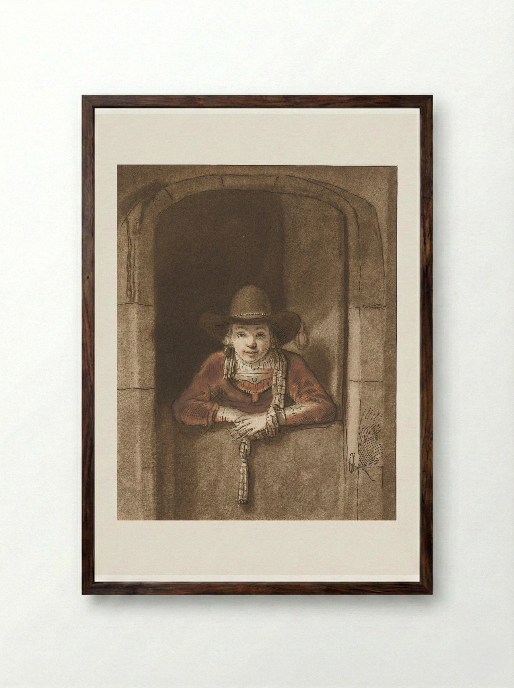Jongen leunend over een onderdeur - Cornelis Ploos van Amstel - Framed Print Dark Wood