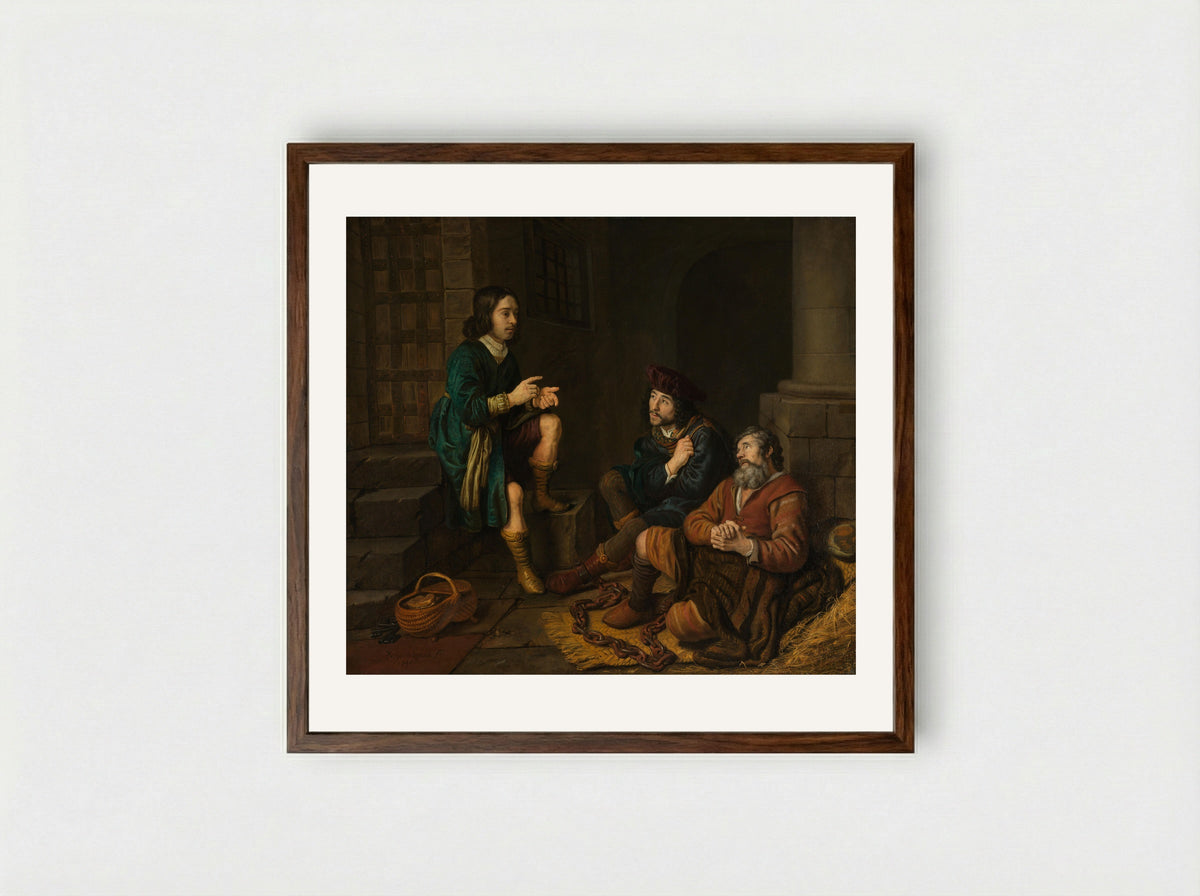 Joseph Interpreting the Dreams of the Baker and the Butler - Jan Victors - Framed Print Dark Wood