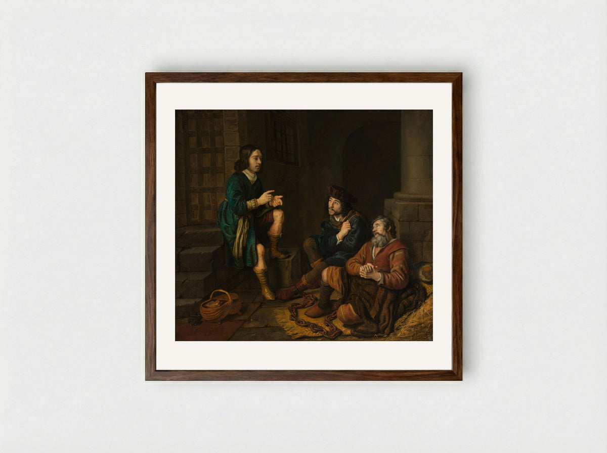 Joseph Interpreting the Dreams of the Baker and the Butler - Jan Victors - Framed Print Dark Wood