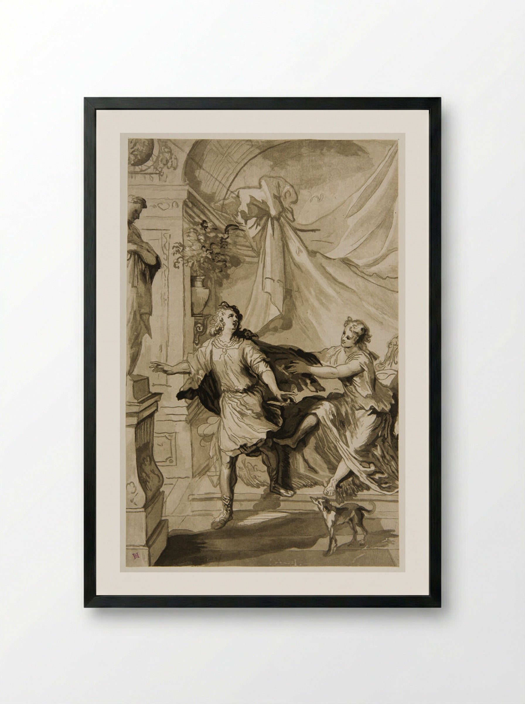 Joseph and Potiphar's Wife - Maria Catharina Prestel - Framed Print Black