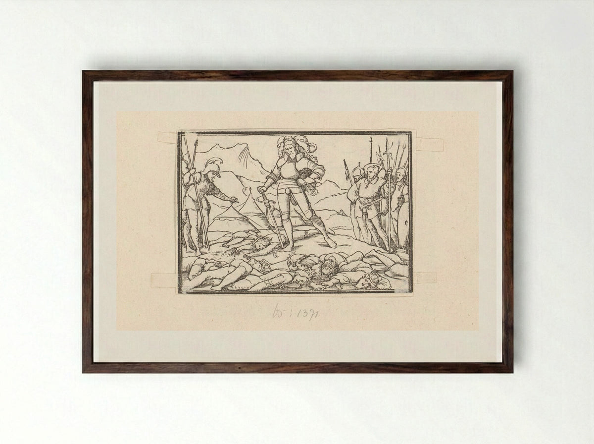 Joshua as Leader of the Israelites with the Bodies of the Defeated Kings - Veit Rudolf Specklin - Framed Print Dark Wood