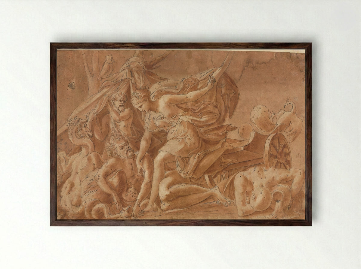 Juno Awakening Sleep (After Primaticcio) - Francesco Primaticcio - Framed Print Dark Wood