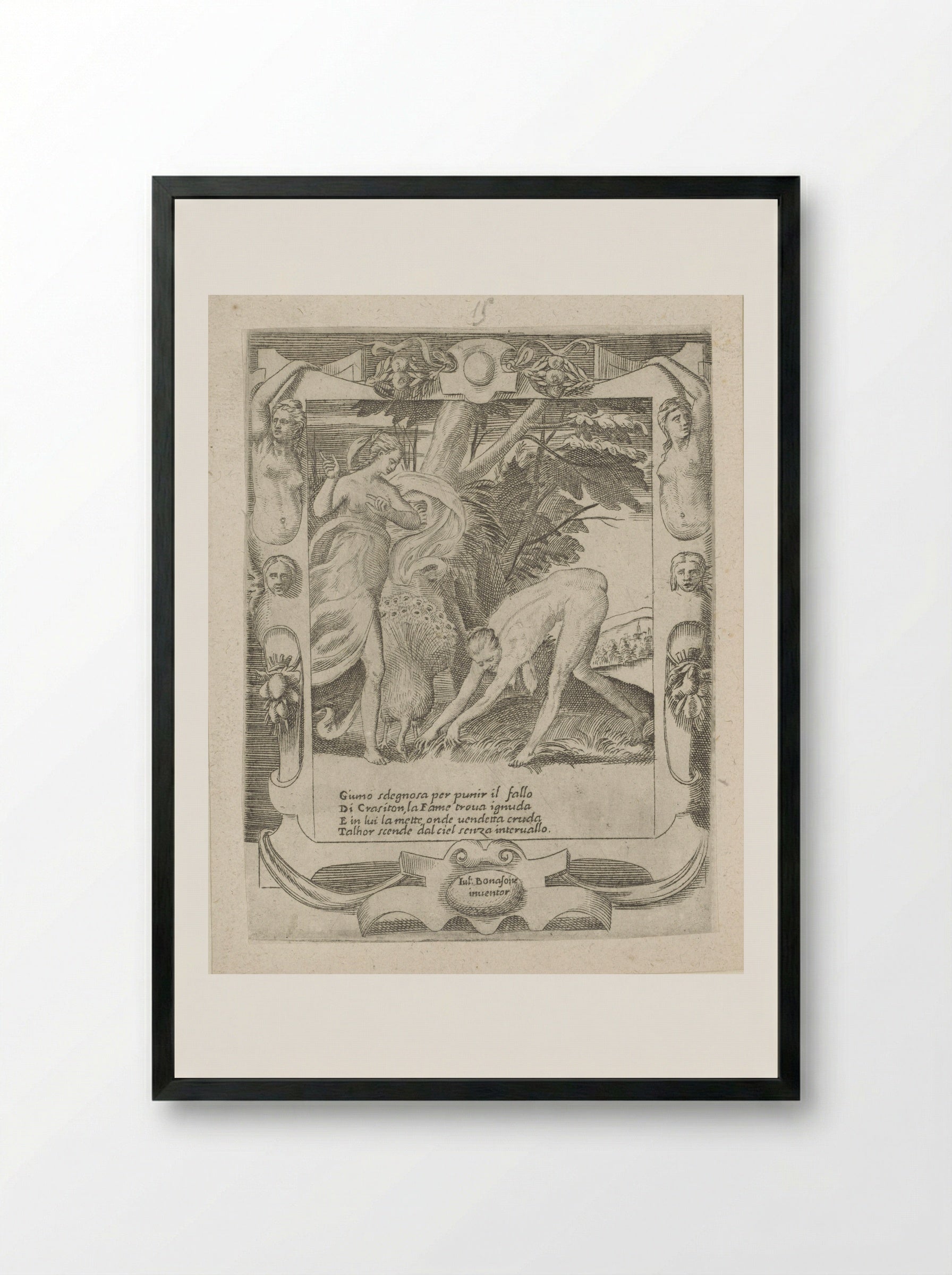 Juno Commands Famine to Afflict Erysichthon - Giulio Bonasone - Framed Print Black