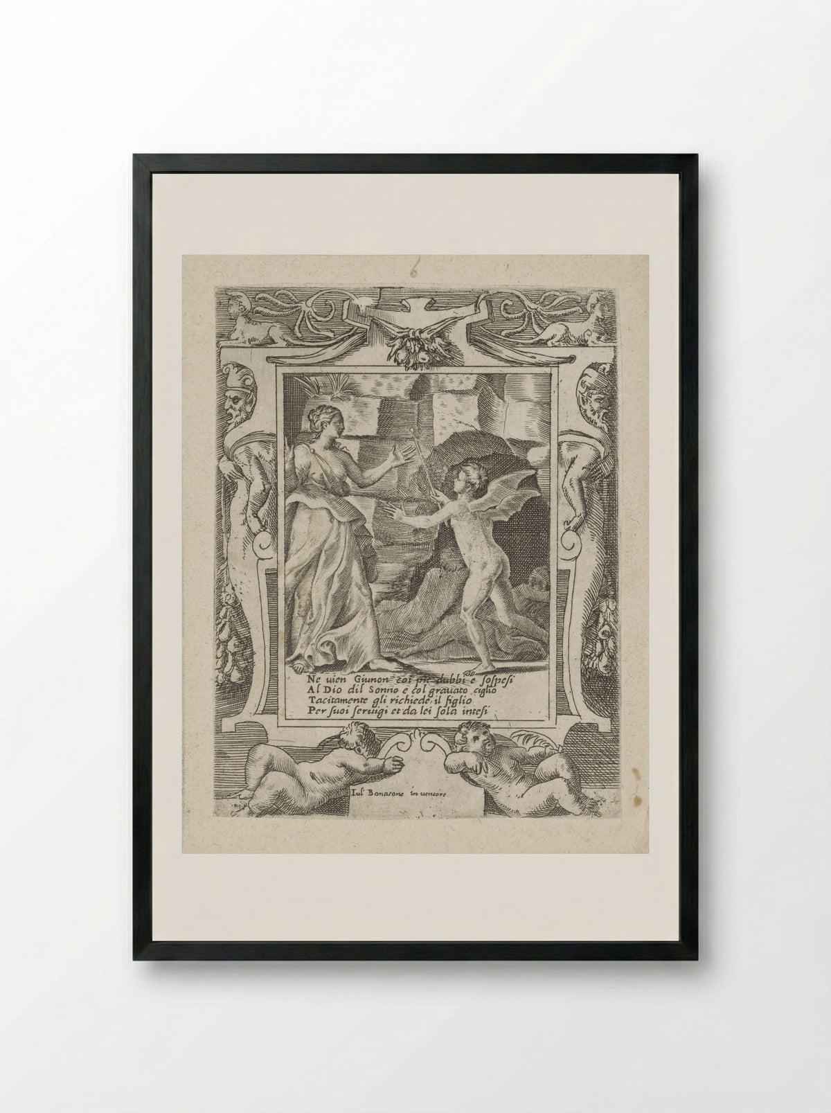 Juno Commands Sleep to Descend to Jupiter - Giulio Bonasone - Framed Print Black