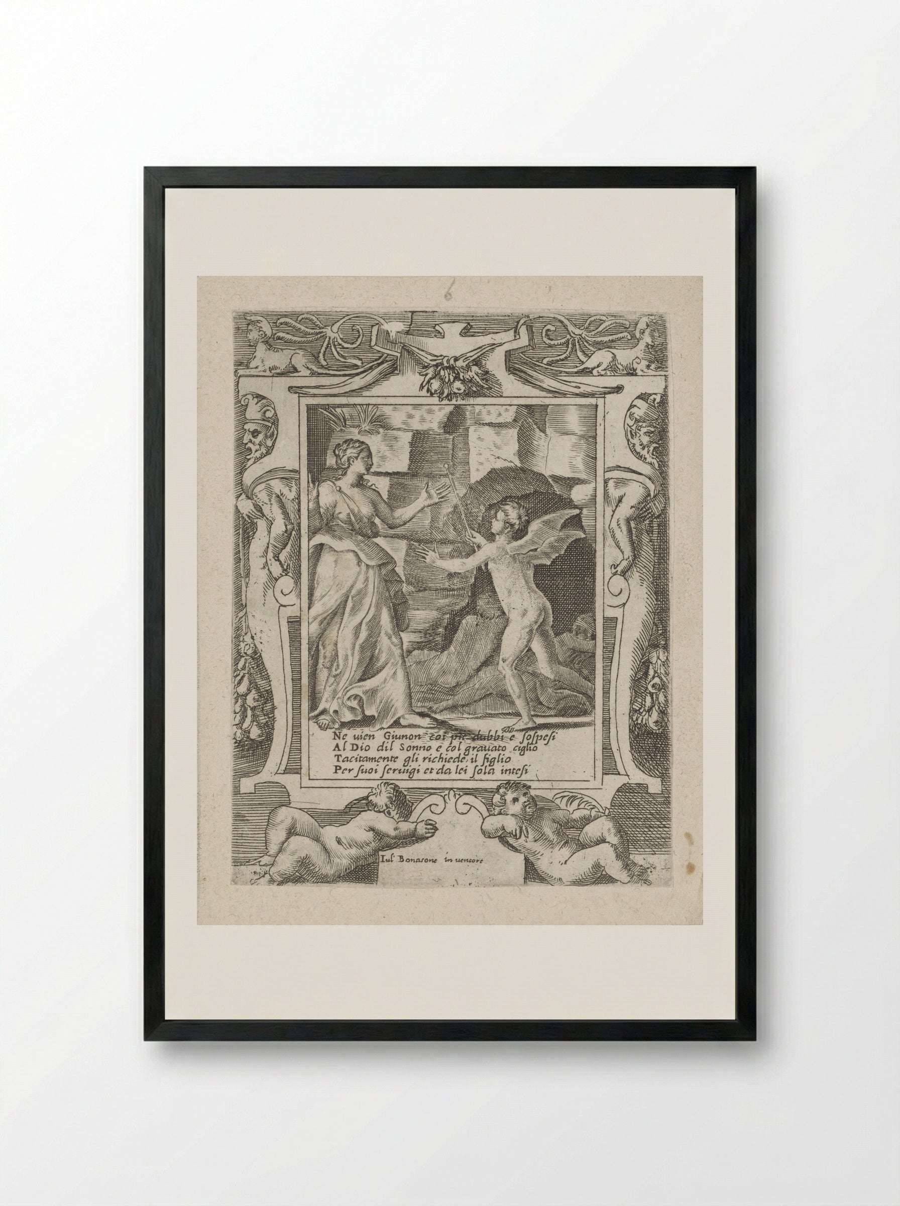 Juno Commands Sleep to Descend to Jupiter - Giulio Bonasone - Framed Print Black