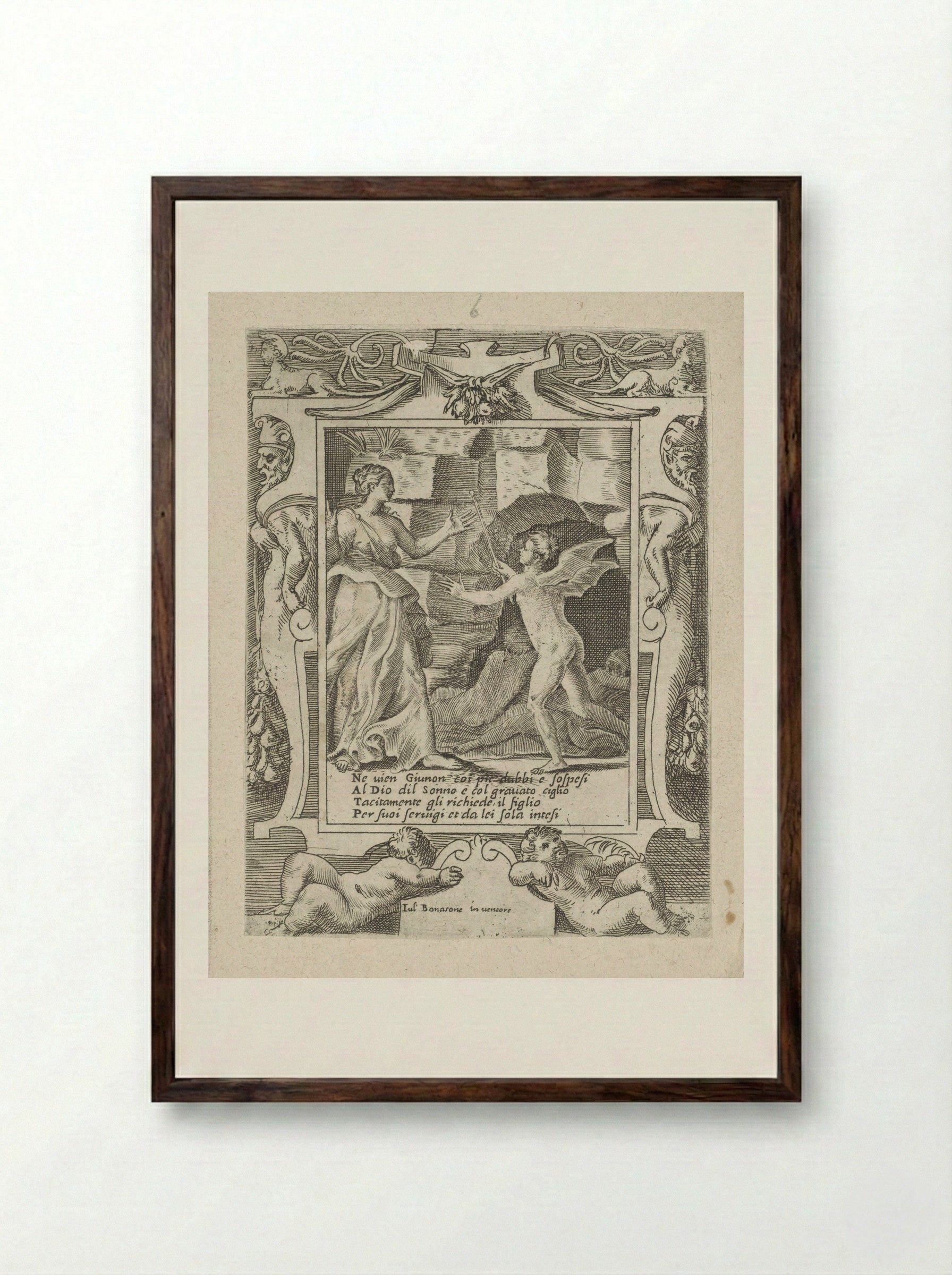 Juno Commands Sleep to Descend to Jupiter - Giulio Bonasone - Framed Print Dark Wood