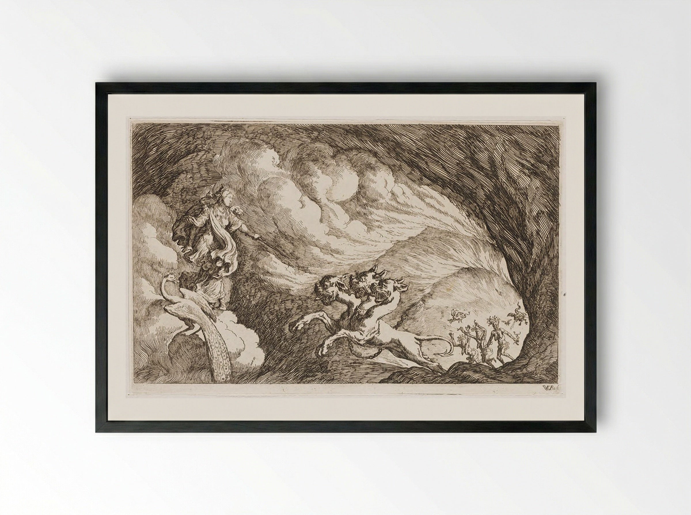Juno Defies Cerberus and Enters Hades - Johann Wilhelm Baur - Framed Print Black