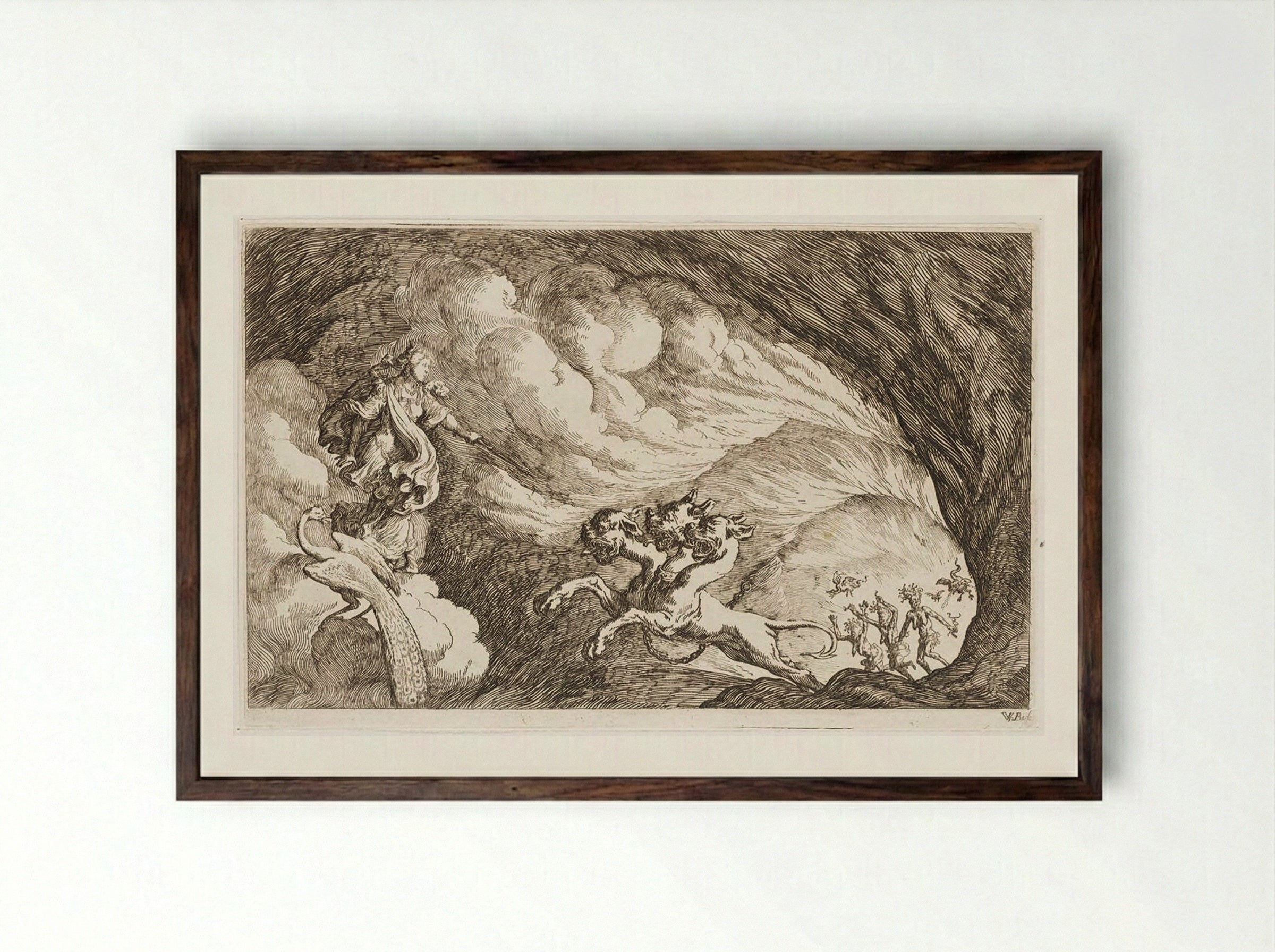 Juno Defies Cerberus and Enters Hades - Johann Wilhelm Baur - Framed Print Dark Wood